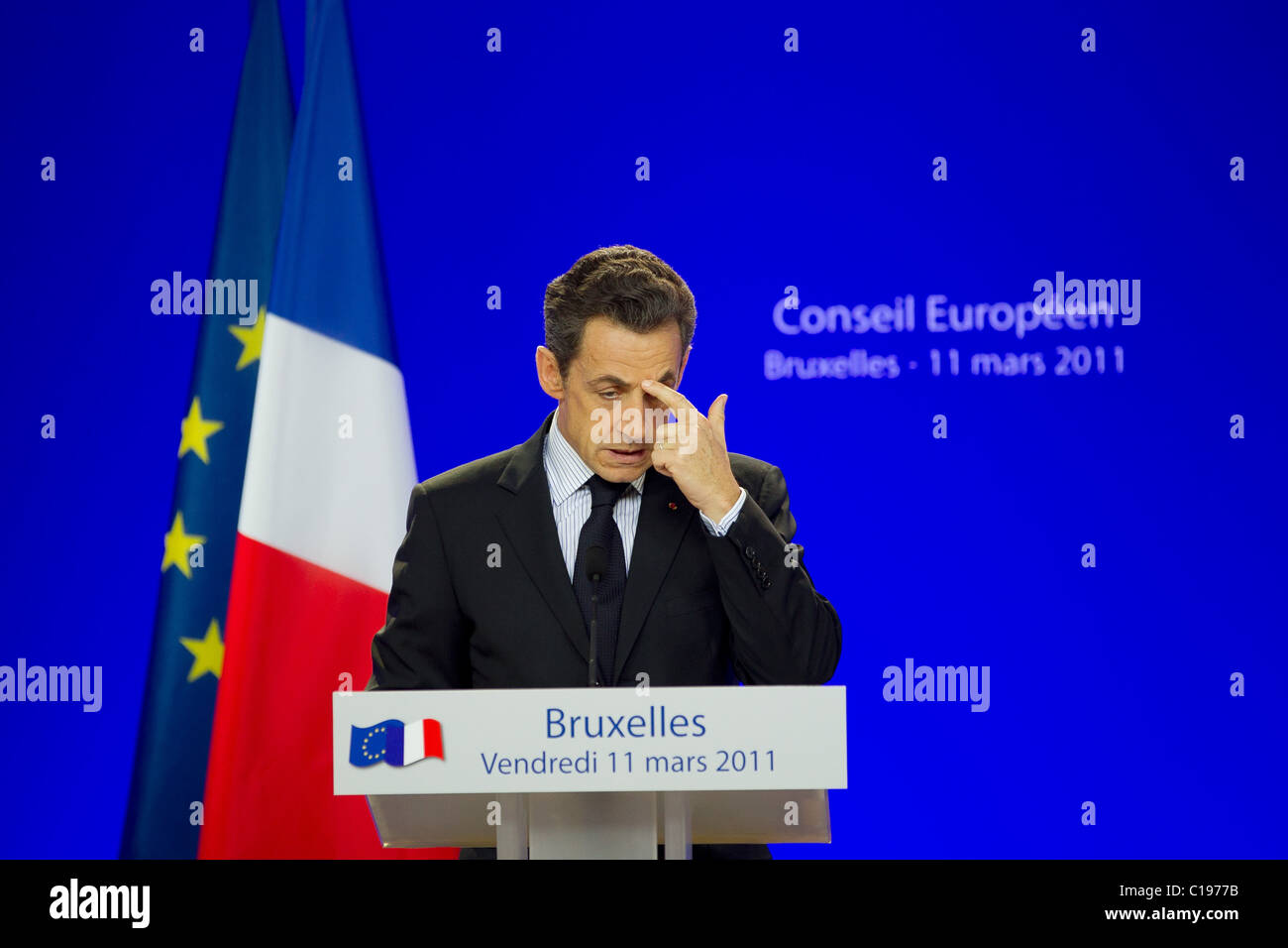Nicolas Sarkozy Präsident Frankreich sprechen Europäische Stockfoto