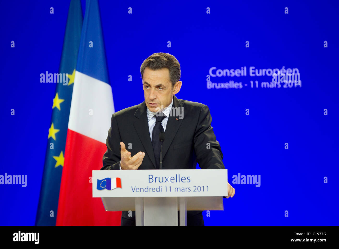 Nicolas Sarkozy Präsident Frankreich sprechen Europäische Stockfoto