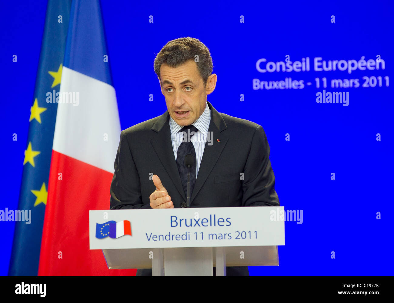 Nicolas Sarkozy Präsident Frankreich sprechen Europäische Stockfoto