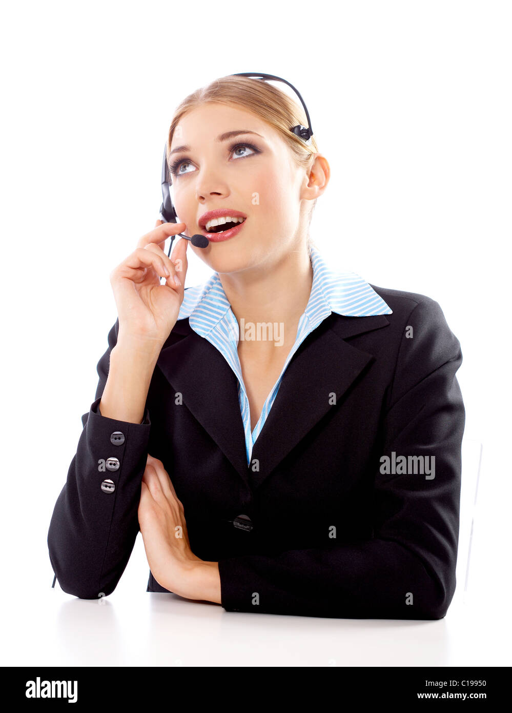 Porträt von Beautiful Business-Frau mit Kopfhörern Stockfoto
