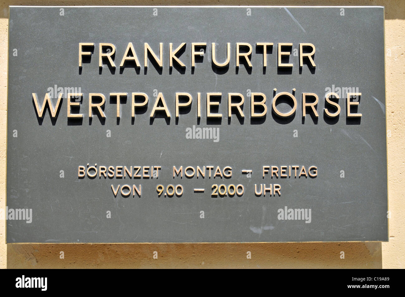 Frankfurter Wertpapierboerse oder Frankfurter Wertpapierbörse, Schild am Hauseingang, Frankfurt, Hessen, Deutschland, Europa Stockfoto