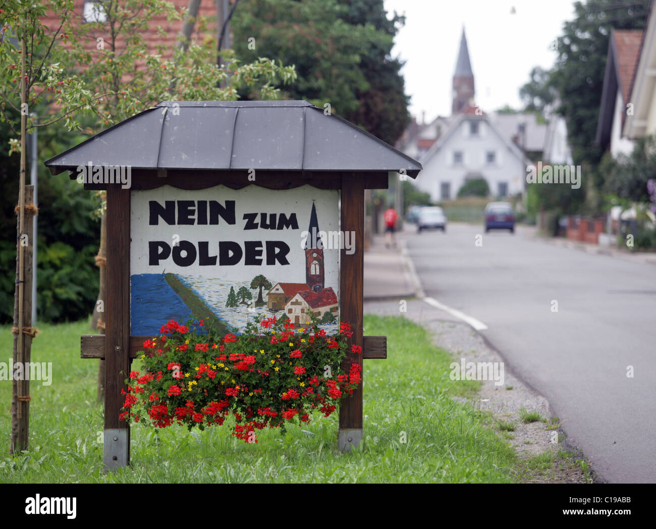 Zeichen, Nein Zum Polder, Nein zum Polder in Nonnenweier, Ortenaukreis, Baden-Württemberg, Deutschland, Europa Stockfoto