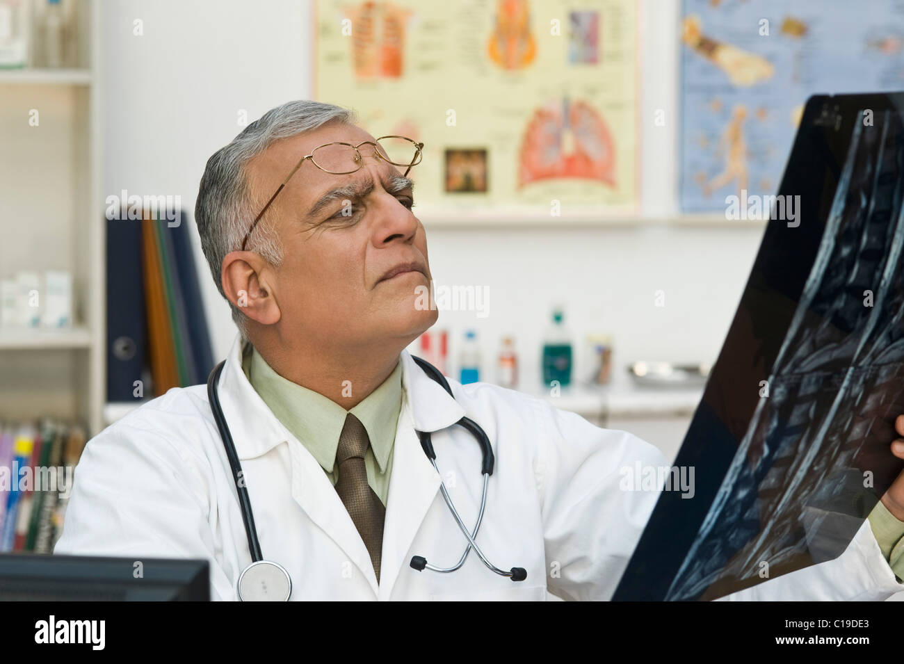 Arzt untersucht einen Röntgen-Bericht Stockfoto