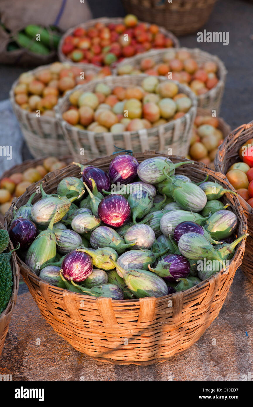 Auberginen/Auberginen, Tomaten in Körben an einem indischen Markt. Andhra Pradesh, Indien Stockfoto
