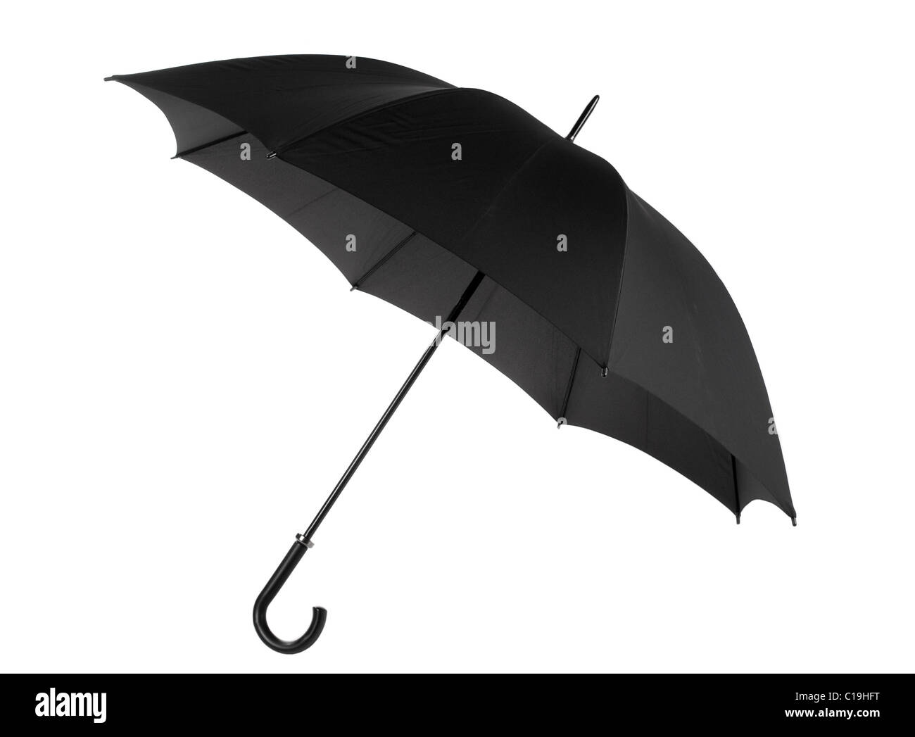 Einem offenen schwarzen Regenschirm mit gebogenen Griff Stockfoto