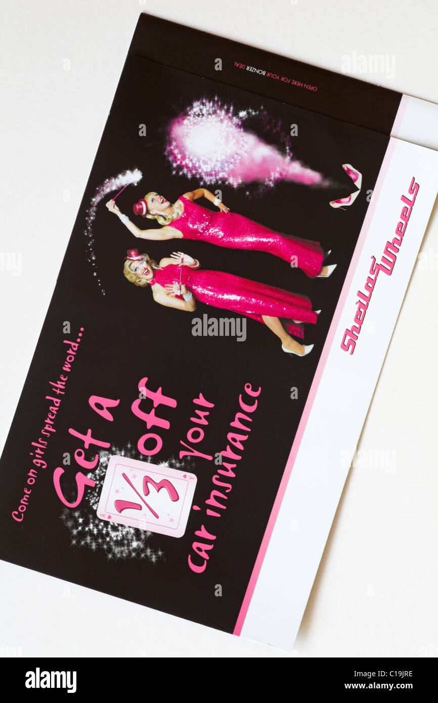 Sheiras Räder Auto Versicherung Mailer auf weißem Hintergrund gesetzt Stockfoto