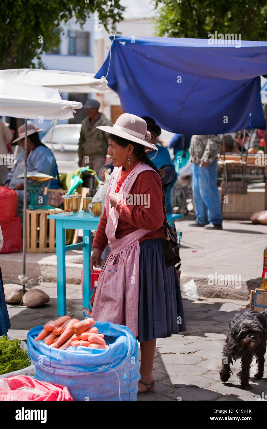 Bolivianischen Dame verkauft Ware am Markt, gekleidet in typischer Kleidung mit Hut, Huari, Bolivien, Südamerika. Stockfoto