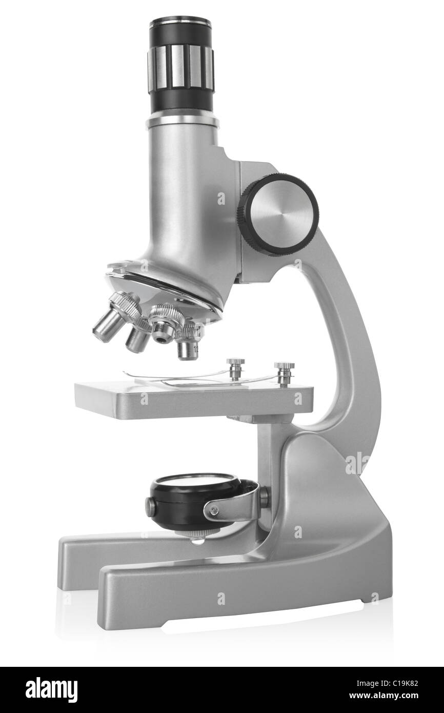 Mikroskop isoliert auf weißem Hintergrund Stockfoto