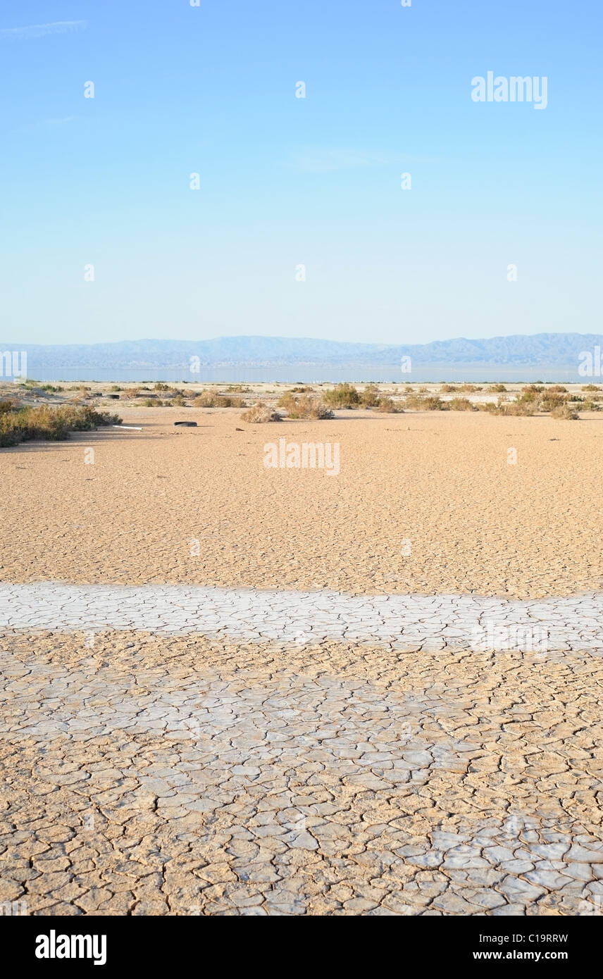 Blick auf einem trockenen Salzsee Bett von Salton Sea, Kalifornien mit Pinsel in der Mitte und die Berge im Hintergrund und blauen Himmel Stockfoto