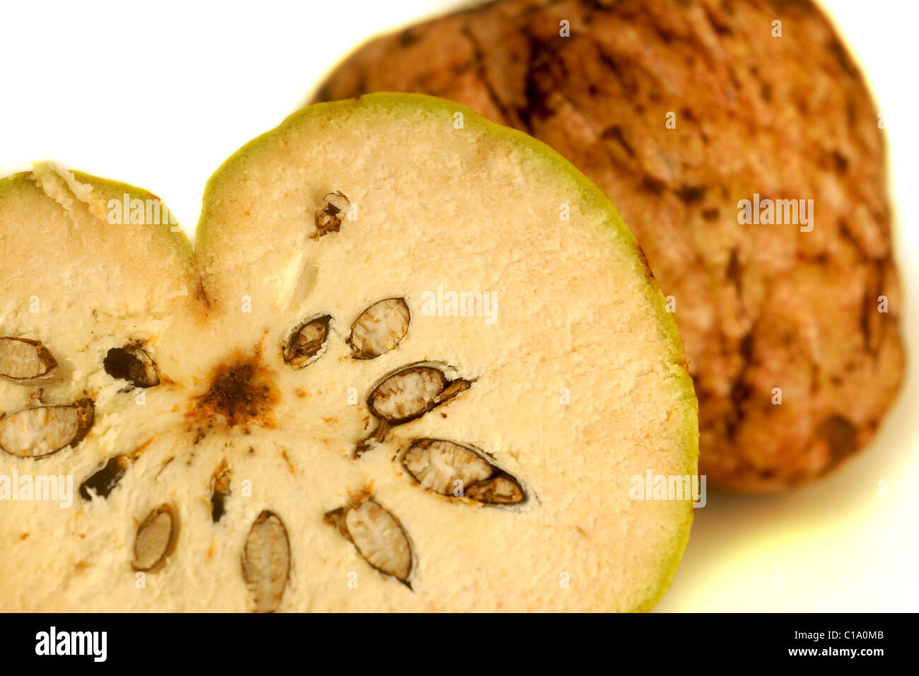 Ganze und die Hälfte des Abschnitts Bullock's Herz, Custard Apple oder Cherimoia (Annona Reticulata) auf weißem Hintergrund Stockfoto