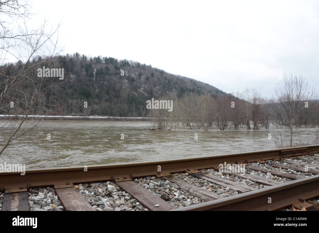 Bahnen entlang Allegheny River Stockfoto