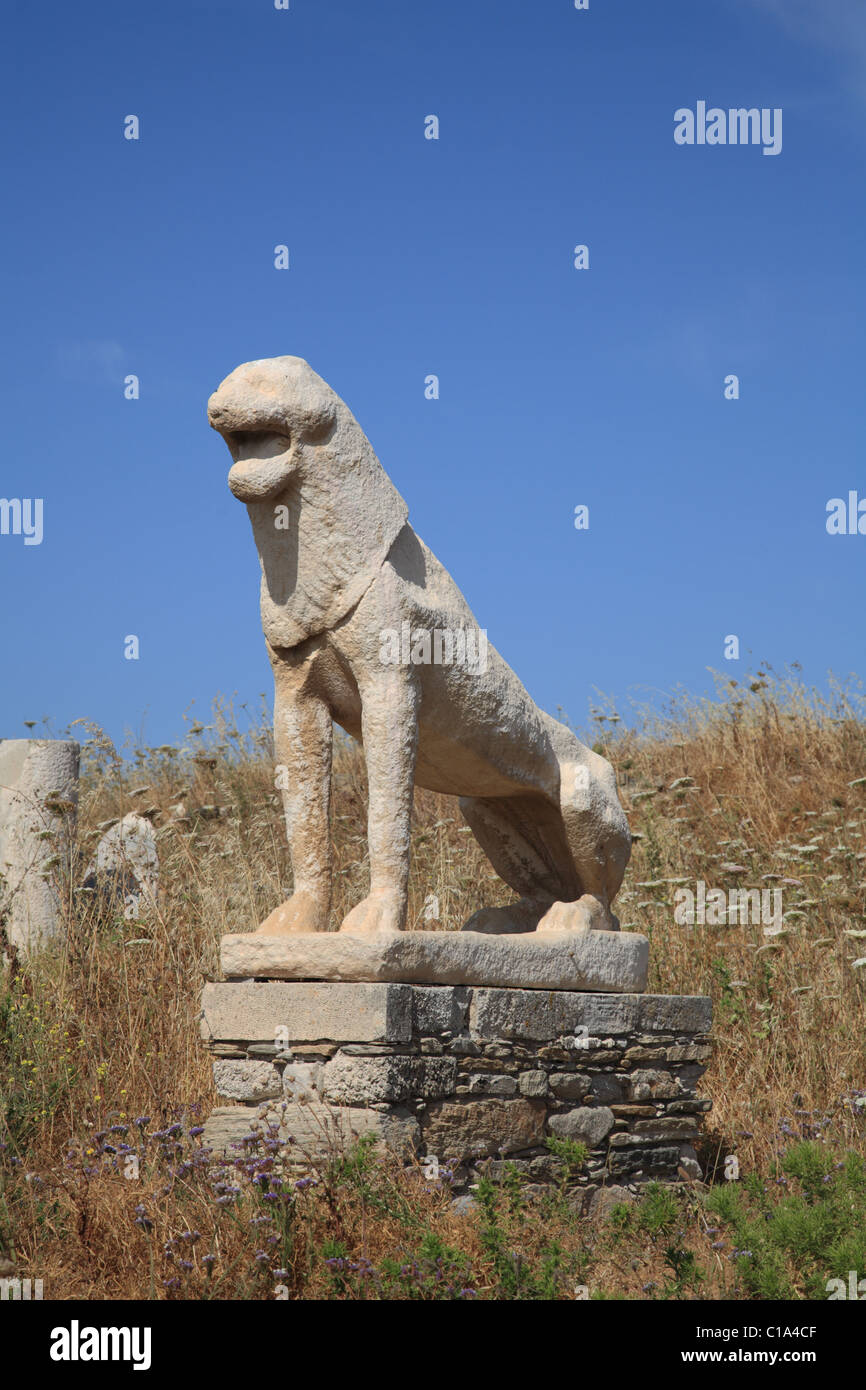 Naxos Löwenstatue, Terrasse des Löwen, Delos, Kykladen, Griechenland Stockfoto