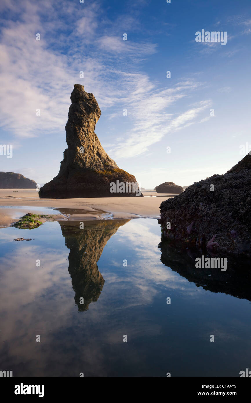Scenic "Thors Hammer" Haystack Rock und Wolken spiegeln sich im  Gezeitenbecken Bandon Strand Oregon USA Stockfotografie - Alamy