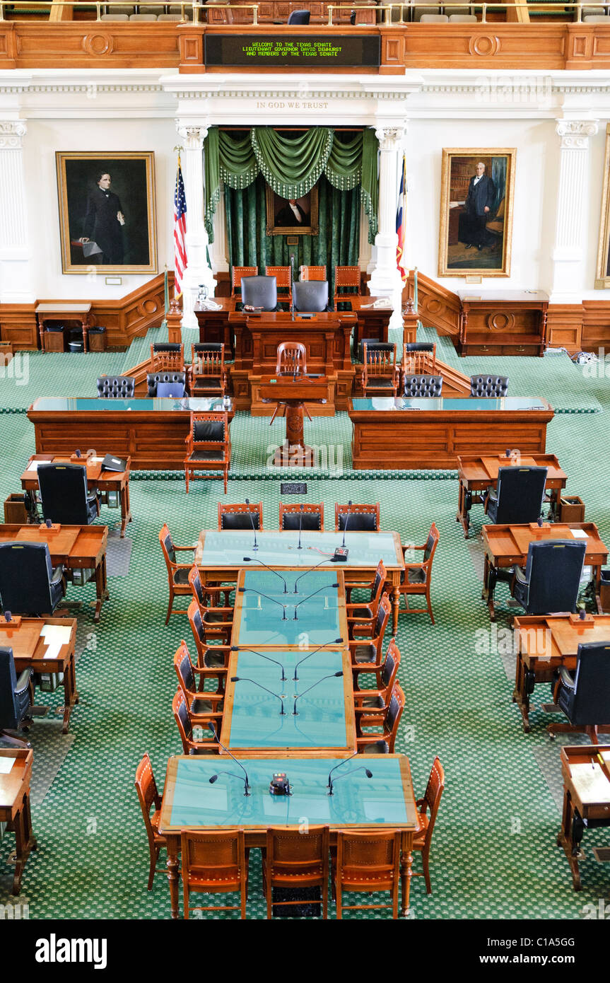 AUSTIN, Texas - Innenraum der Senat Kammer der Gesetzgebung des Staates Texas in der Texas State Captiol in Austin, Texas. Der Senat besteht aus 31 Mitgliedern. Stockfoto