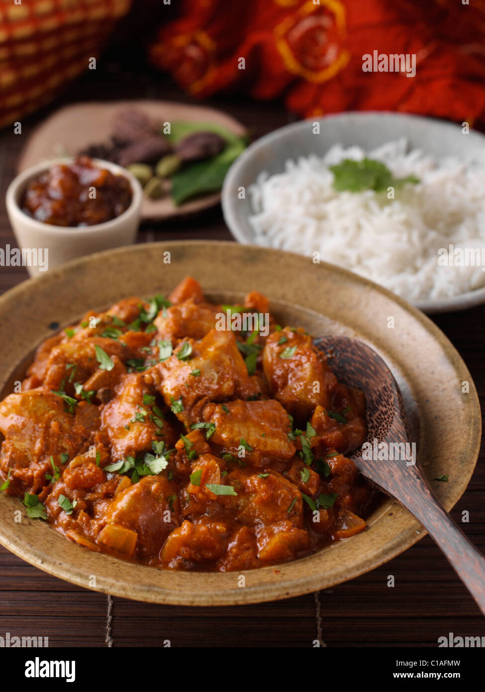 Rogan Josh Huhn und Reis Stockfoto