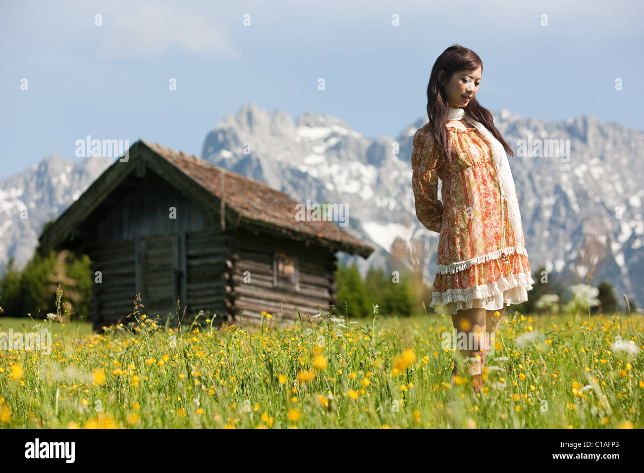 Frau in Wiese mit bayrischen Alpen im Hintergrund, Deutschland Stockfoto