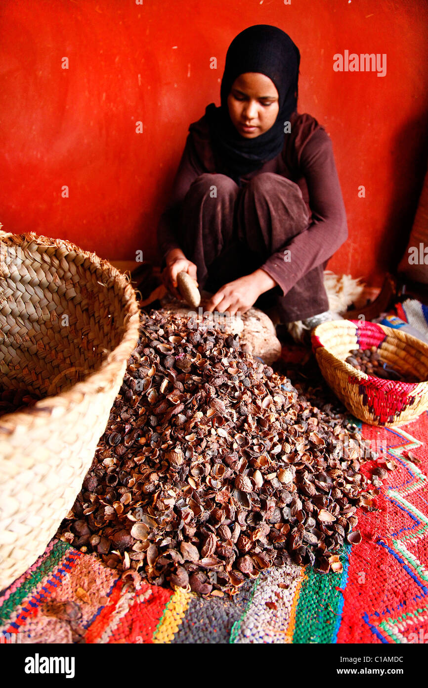 Porträt der Frau, Argan Vorbereitung, Ait Ben Haddou, Marokko, Nordafrika Stockfoto