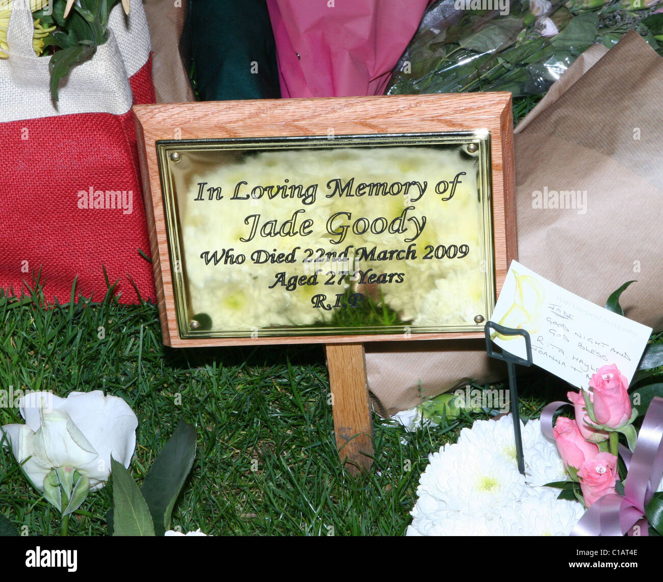 Trauernde lassen Blumen und Nachrichten für Jade Goody die Beerdigung von Jade Goody London, England - 04.04.09 Stockfoto