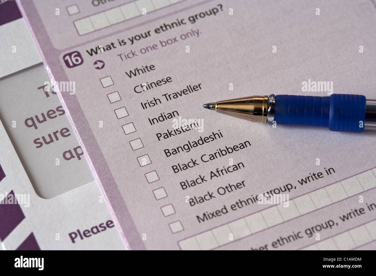 ethnische Gruppe Frage auf die uk 2011 Volkszählungsformulare in Nordirland ausgestellten Stockfoto