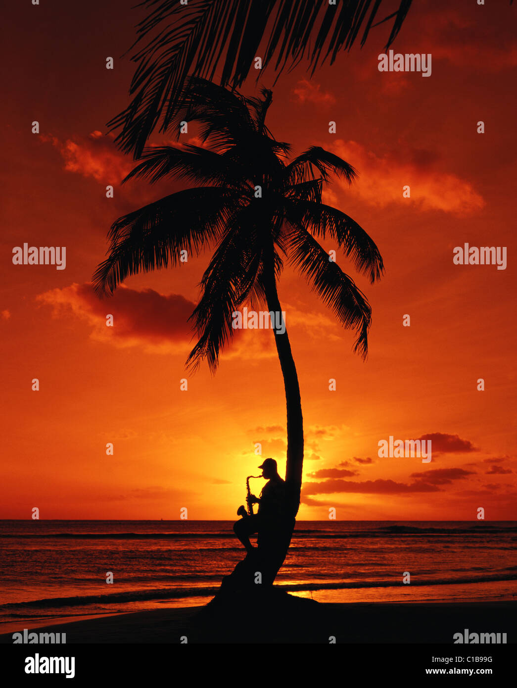 Saxophonist bei Sonnenuntergang am Strand in St. Lucia in der Karibik, West Indies Stockfoto
