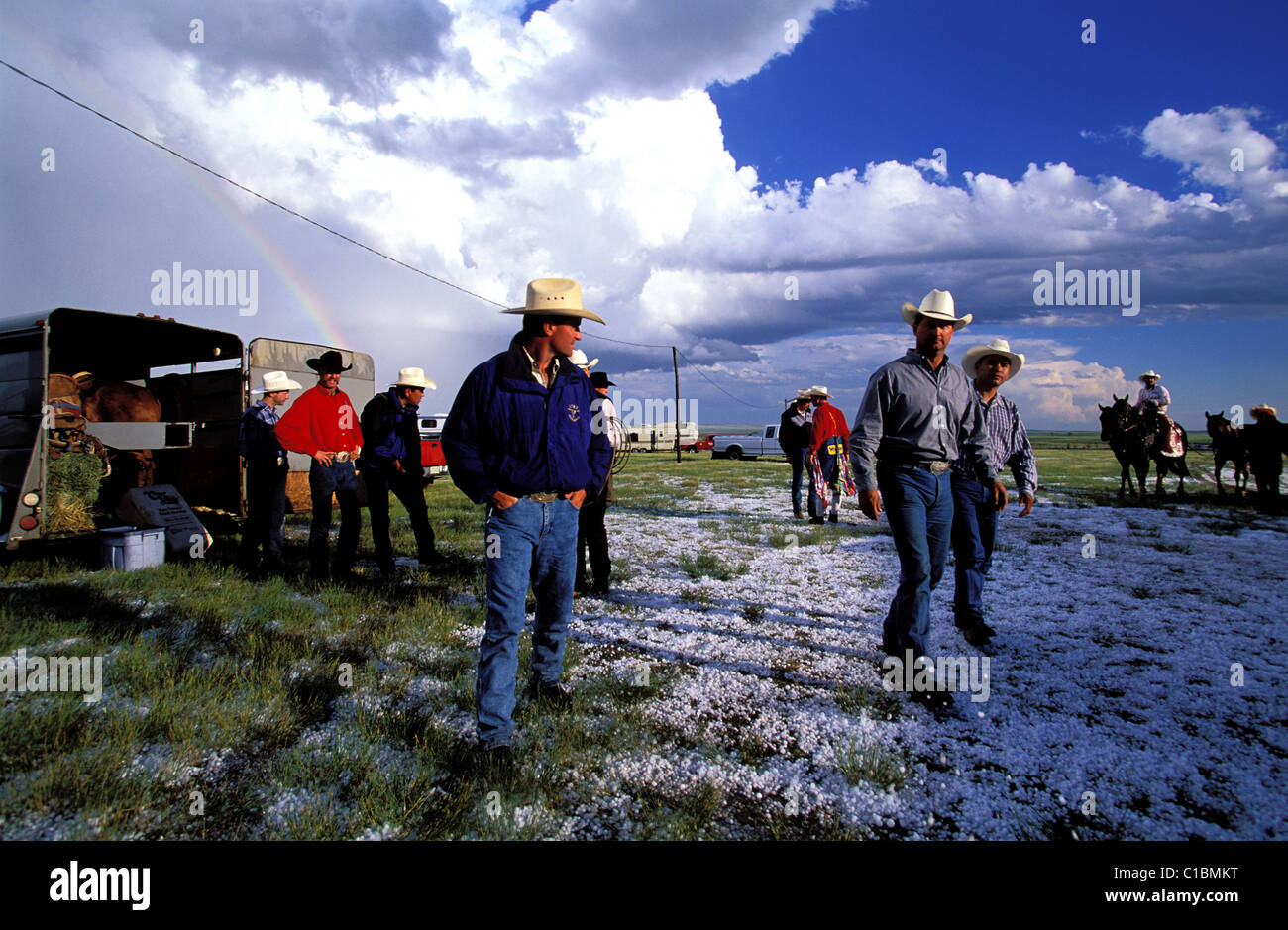 Kanada, Saskatchewan, die Badlands, Land-Rodeo in Shaunavon, Sturm, Hagel Stockfoto