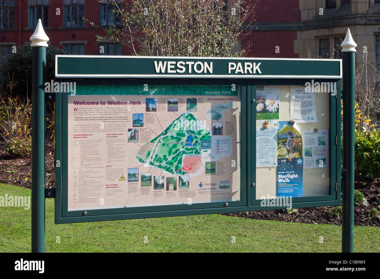 Weston Park-Plan und Hinweisschild, Sheffield Stockfoto