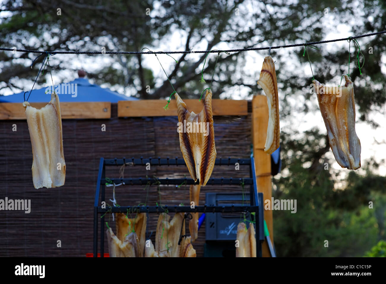 Trockenfisch, Restaurant Sa Sequi, La Sabina, Formentera, Balearen, Spanien, Europa Stockfoto