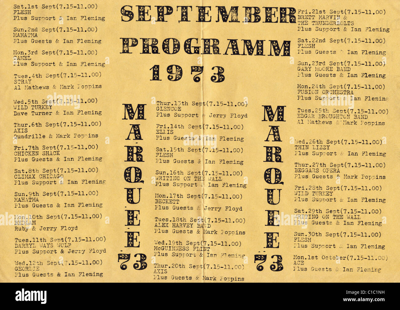 Merkblatt-Flyer für die legendäre Marquee Club Wardour Street Soho London September 1973 Stockfoto