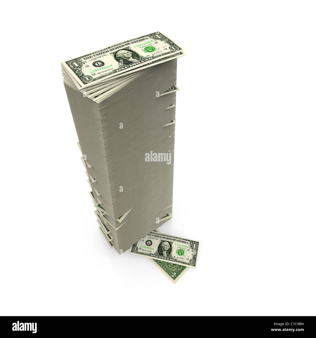 Dollarscheine auf weiß - hohe Stapel Stockfoto