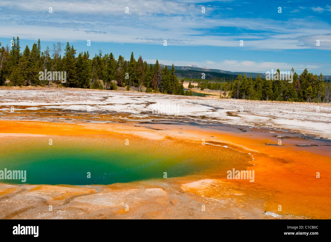 Midway Geyser Basin, Geysire, Grand Prismatic Spring, Schwefel, Schlammpötte, Pools, Fumarolen, Yellowstone-Nationalpark, Wyoming, USA Stockfoto