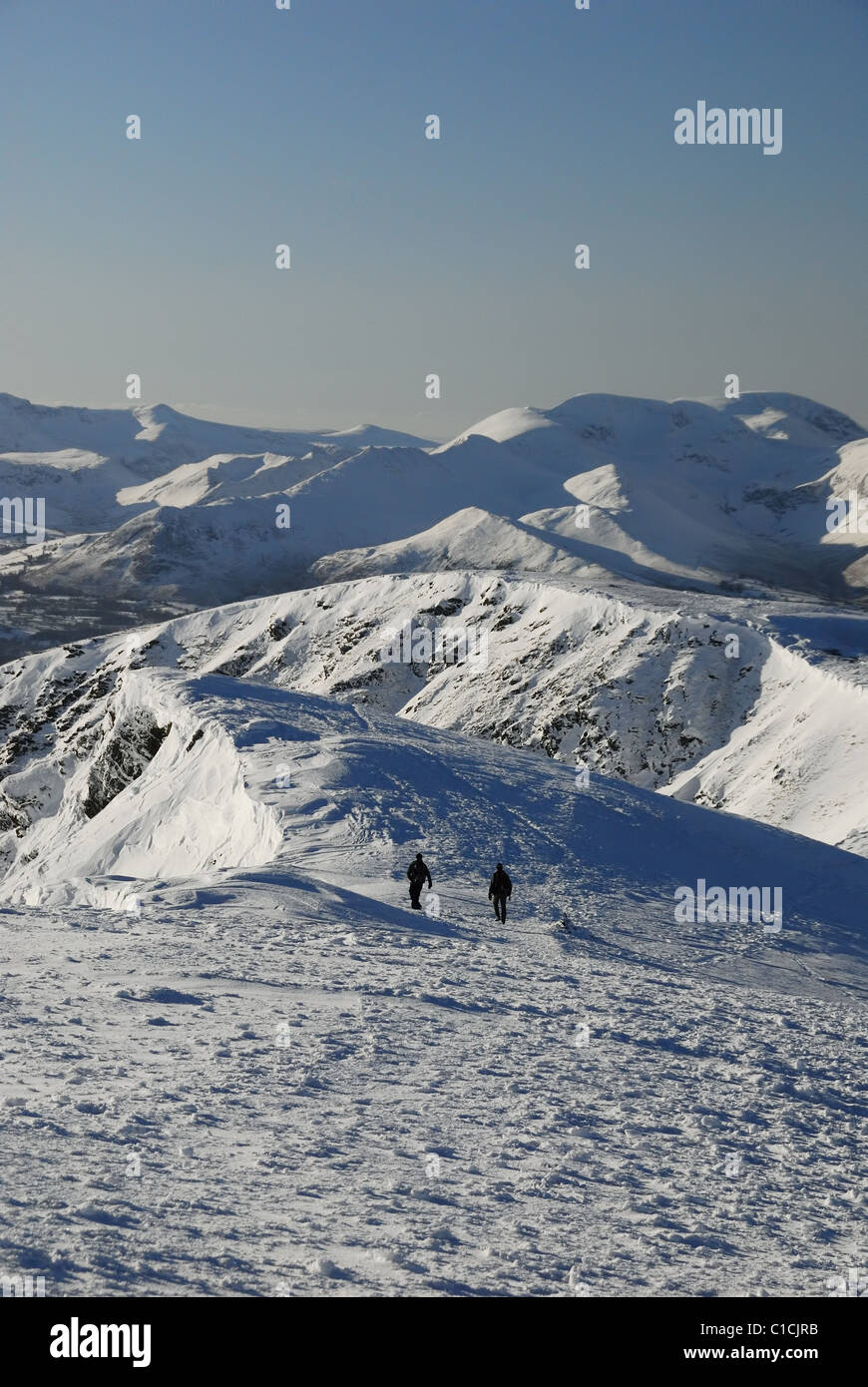 Wanderer auf dem schneebedeckten Gipfel des Blencathra, mit Grisedale Pike, Coledale und Derwent Fells im Hintergrund Stockfoto