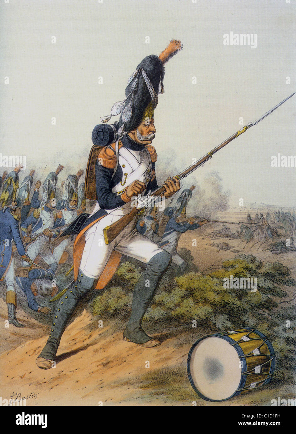Napoleons imperiale alte Garde Grenadiere ("Grognards") vorwärts gegen Kavallerie Stockfoto