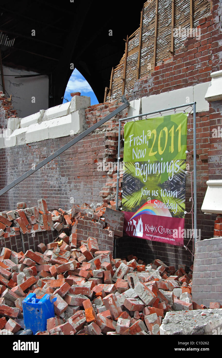 "Neuen Anfang 2011" melden Sie sich auf Knox Presbyterian Church nach Erdbeben, Christchurch, Canterbury, Südinsel, Neuseeland Stockfoto
