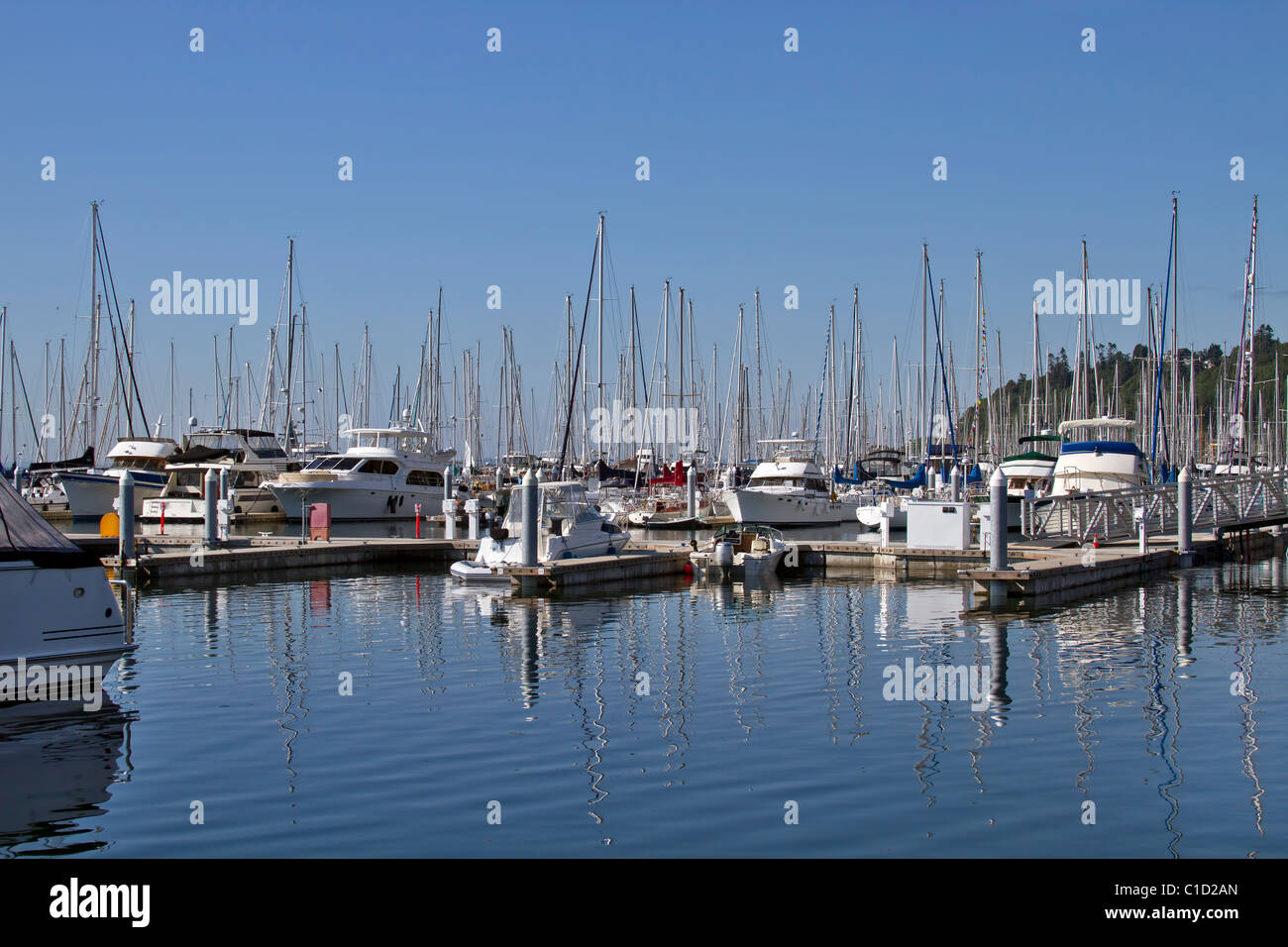 Marina Bootsdock mit klaren, blauen Himmel und Wasserreflexion Stockfoto
