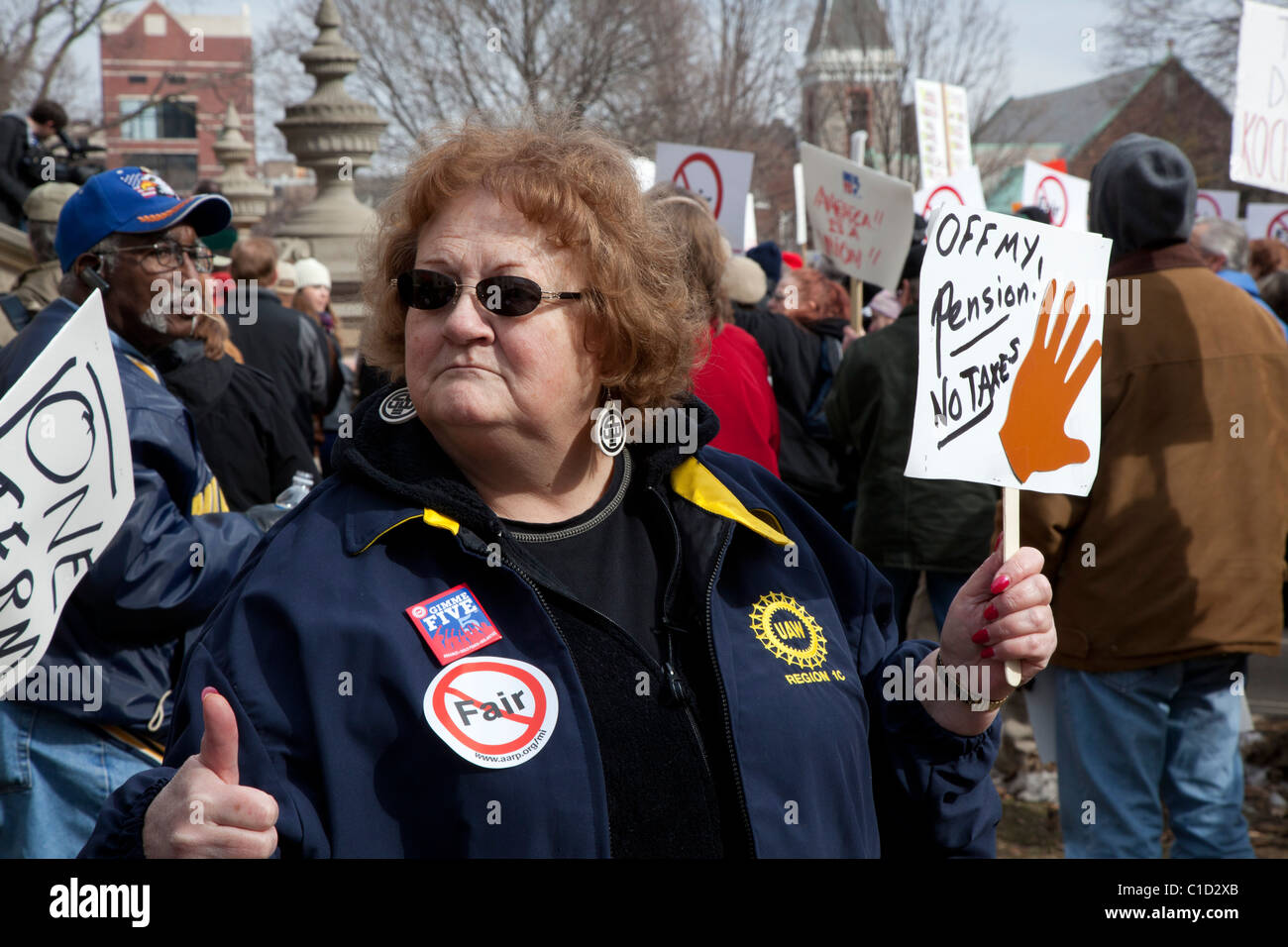 Senioren-Kundgebung gegen einen Plan von Michigan Gouverneur Rick Snyder zur Besteuerung der Renten Stockfoto