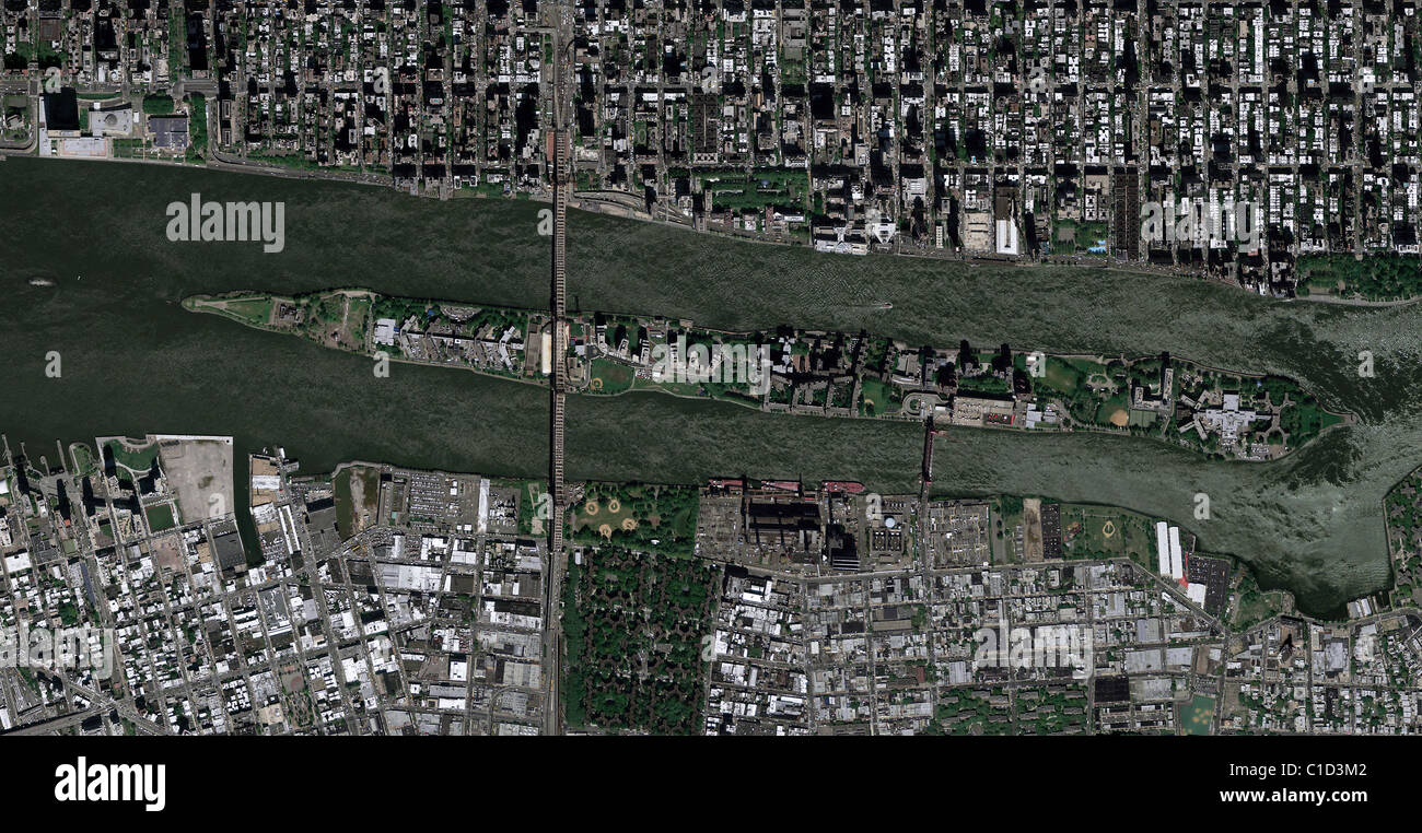Luftbildkarte Anzeigen über Roosevelt Island East River Upper Eastside FDR Drive Manhattan New York City Stockfoto