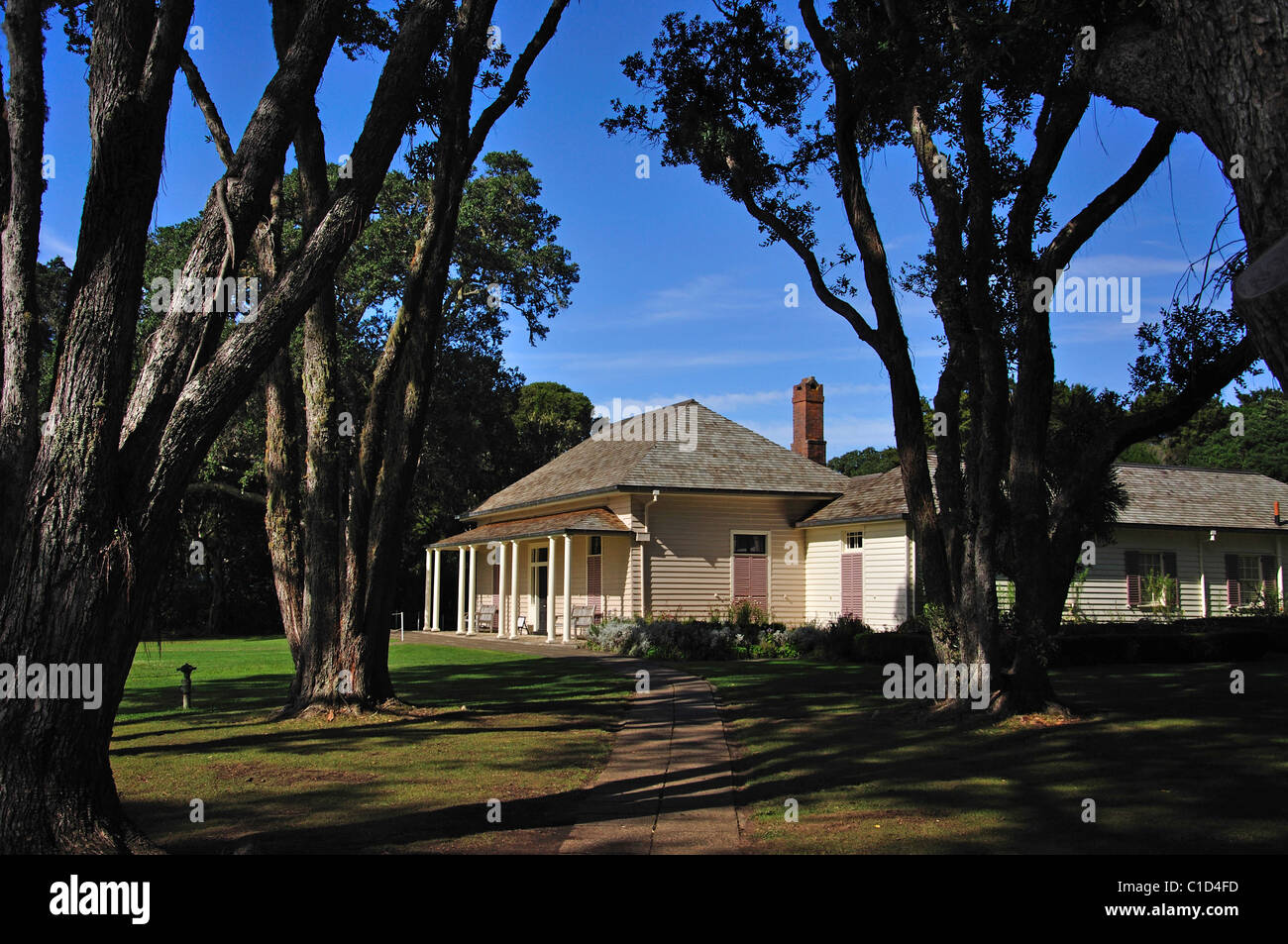 Der Vertrag Haus, Waitangi Treaty Grounds, Waitangi, Bay of Islands, Region Northland, Nordinsel, Neuseeland Stockfoto