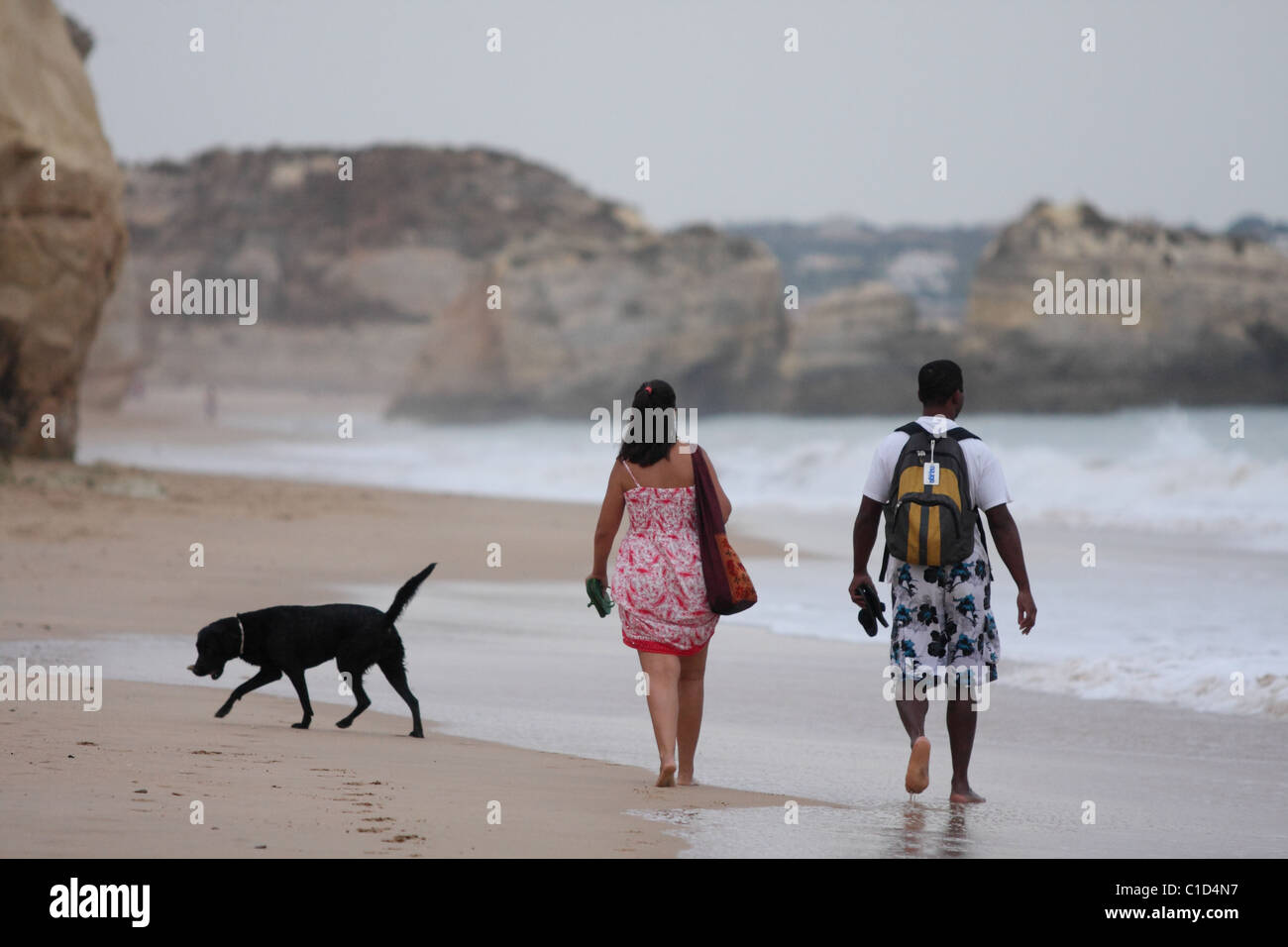 Der Mann, die Frau und Hund gehen an einem leeren Strand vom Zuschauer. Küste des Atlantischen Ozeans. Portimao, Algarve, PORTUGAL Stockfoto