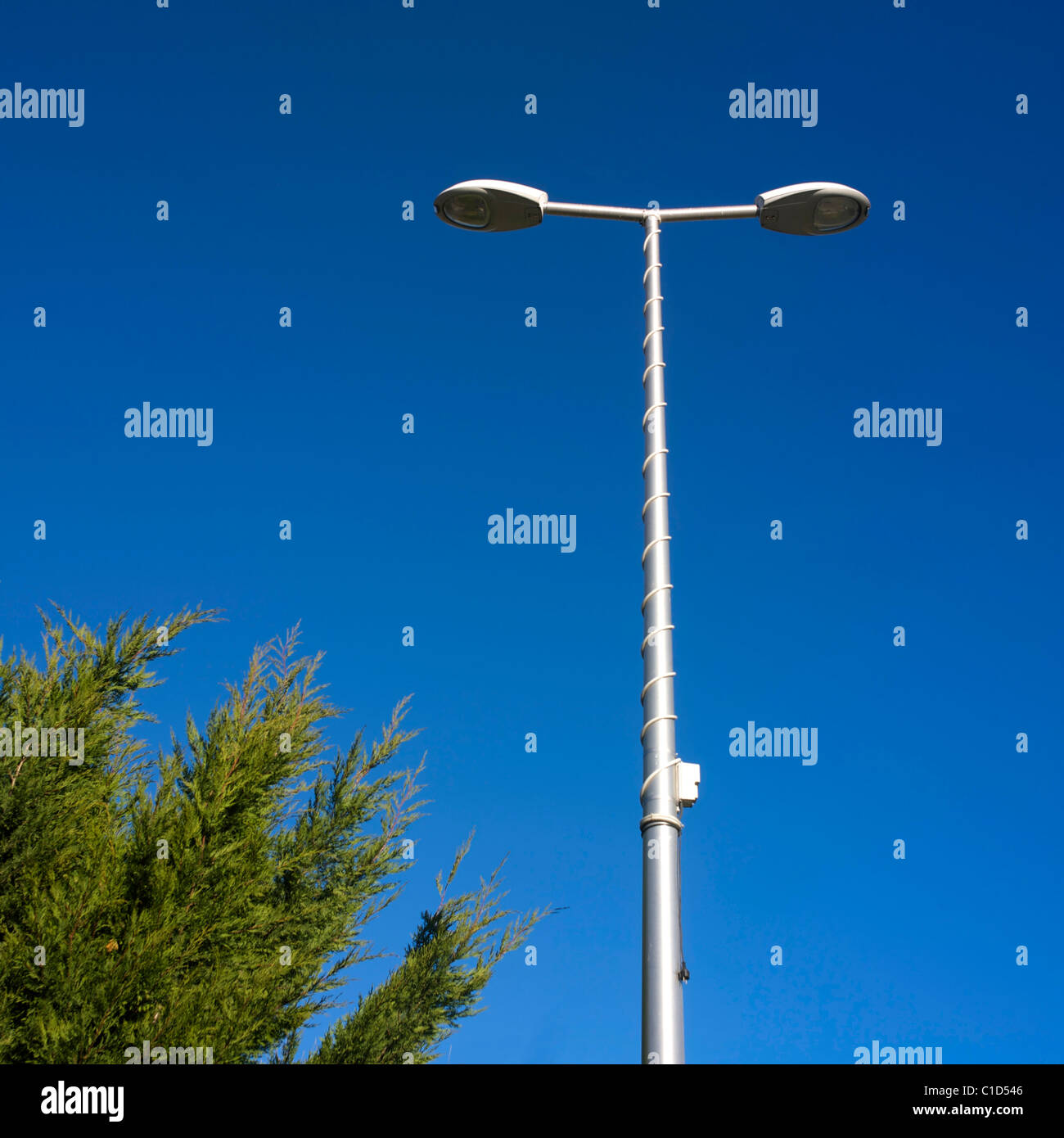 Die Straßenlaterne steht hoch unter klarem blauem Himmel mit lebhaftem Grün in der Nähe während des Tages Stockfoto