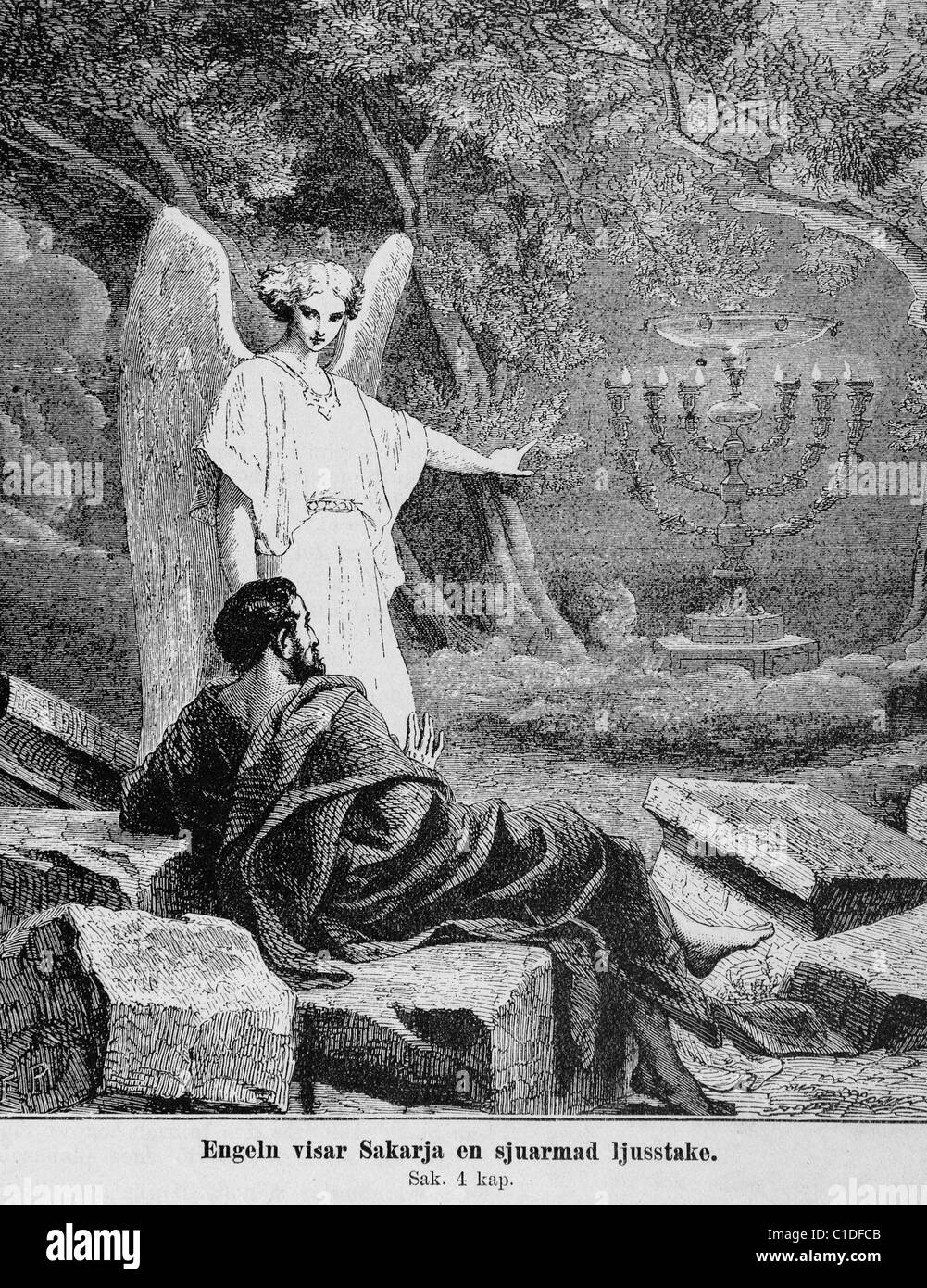 Der Engel zeigt einen siebenarmigen Leuchter für Zacharias Stockfoto