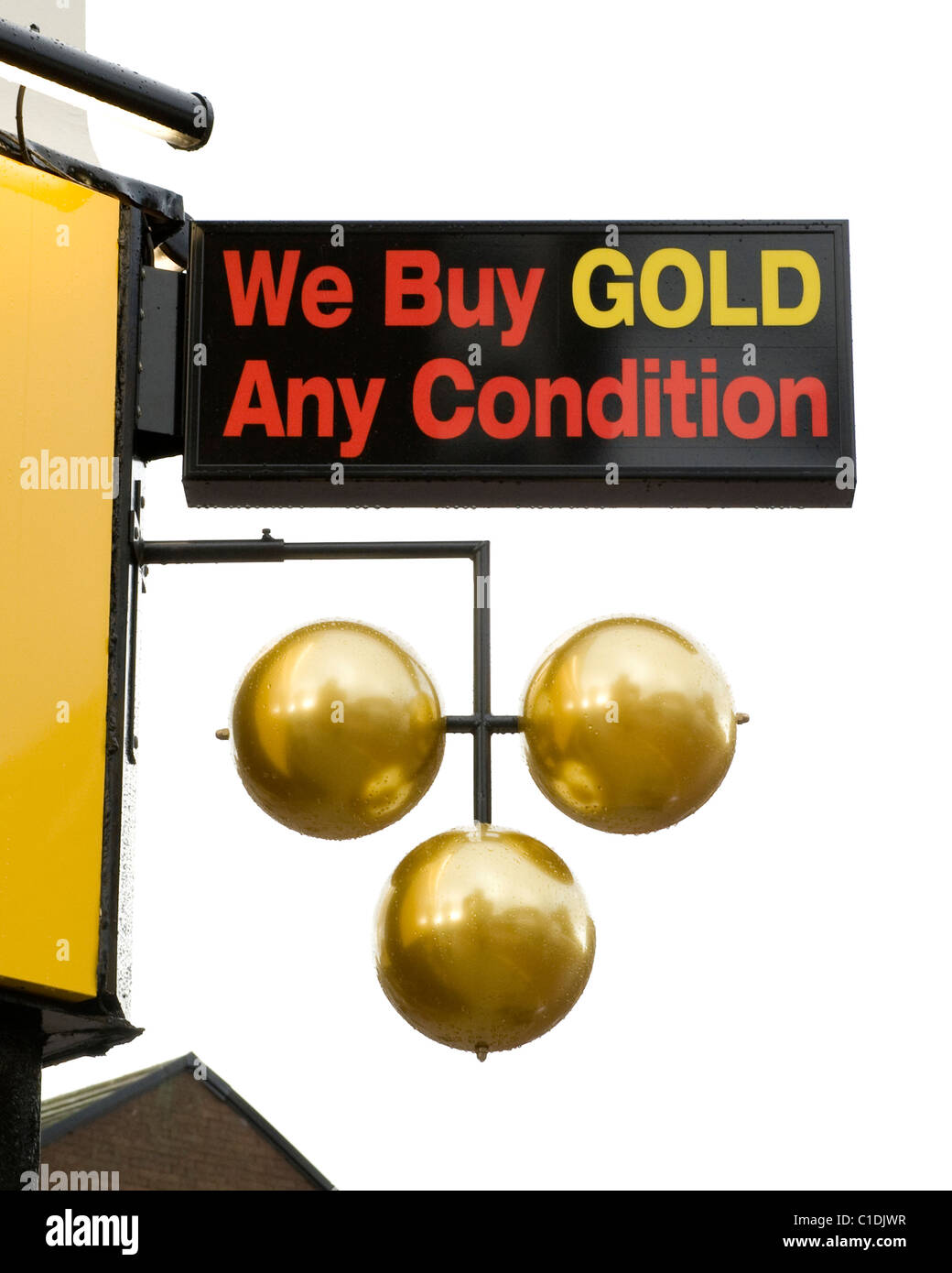 Melden Sie den Pfandleiher drei Kugeln mit "Wir kaufen Gold" Stockfoto