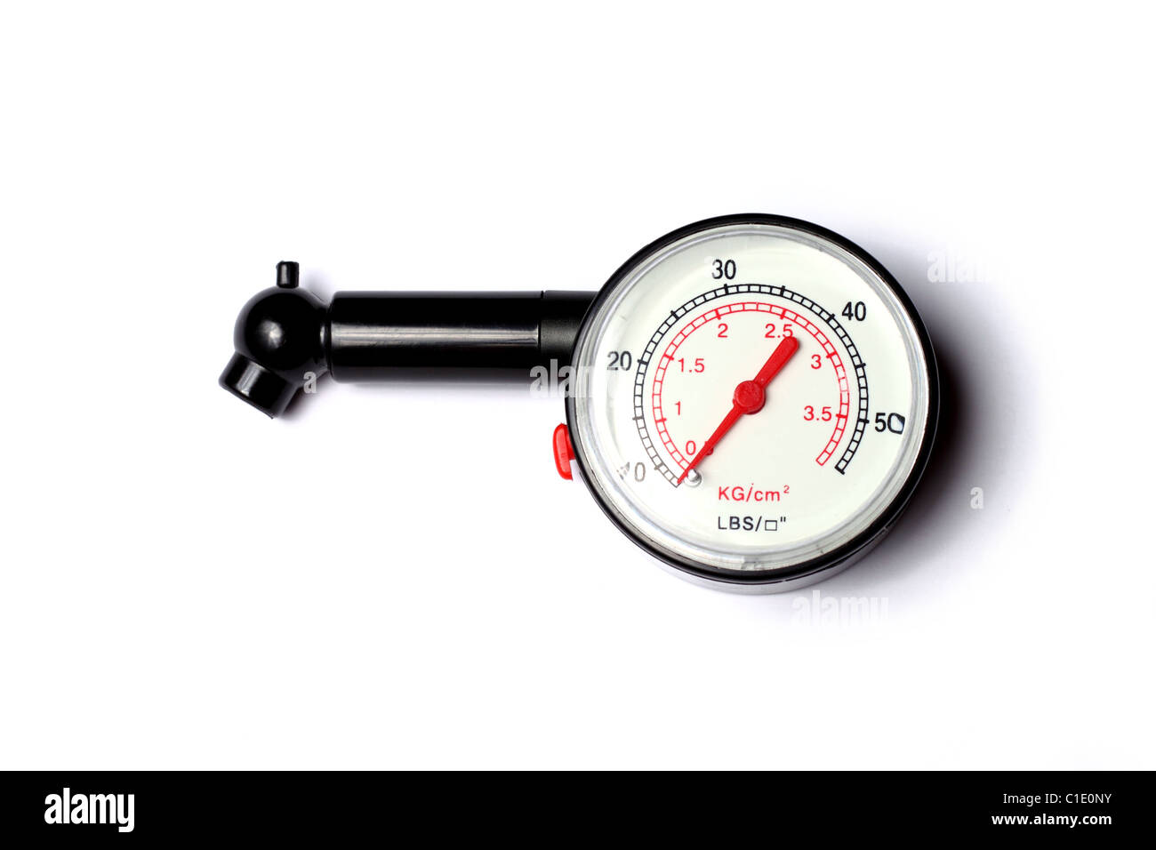 Kunststoff Reifen Manometer auf weißem Hintergrund Stockfoto