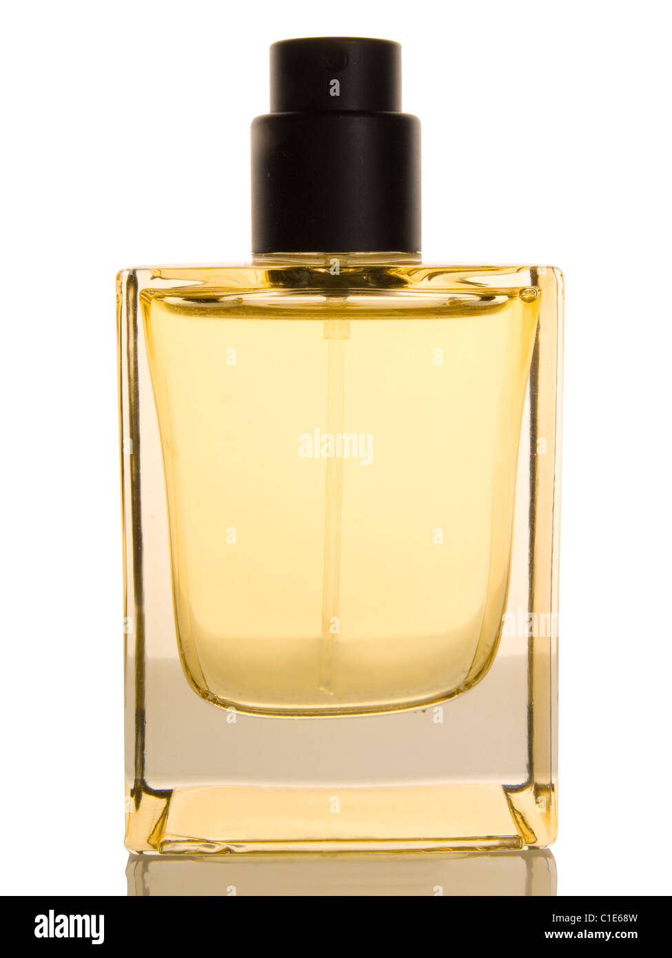 Parfüm-Flasche auf weißem Hintergrund mit Reflexion Stockfoto