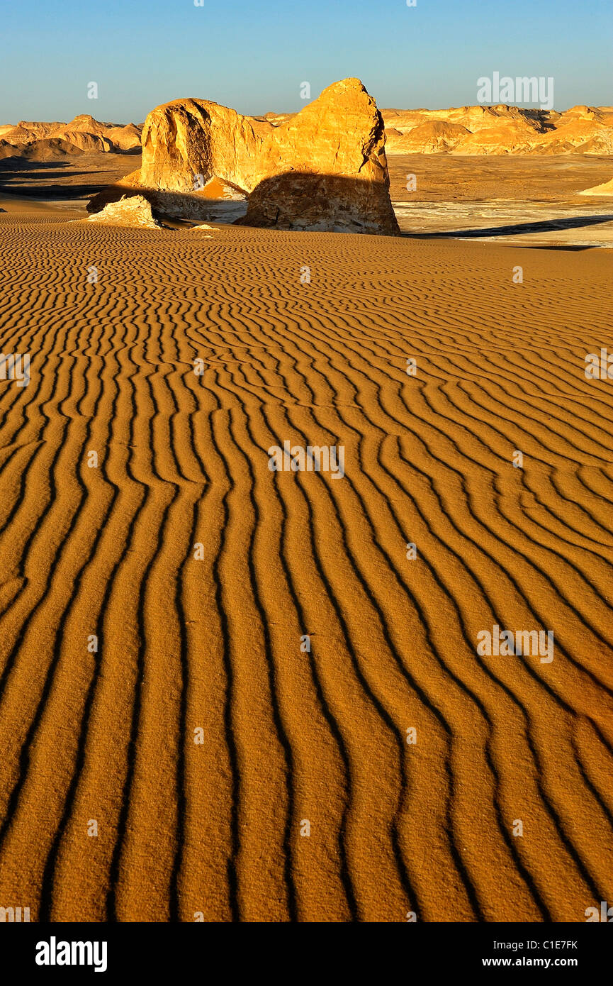 Ausgewaschene Felsformationen und Sanddünen im Aqabat Bereich, White Desert National Park, Western von Ägypten Stockfoto