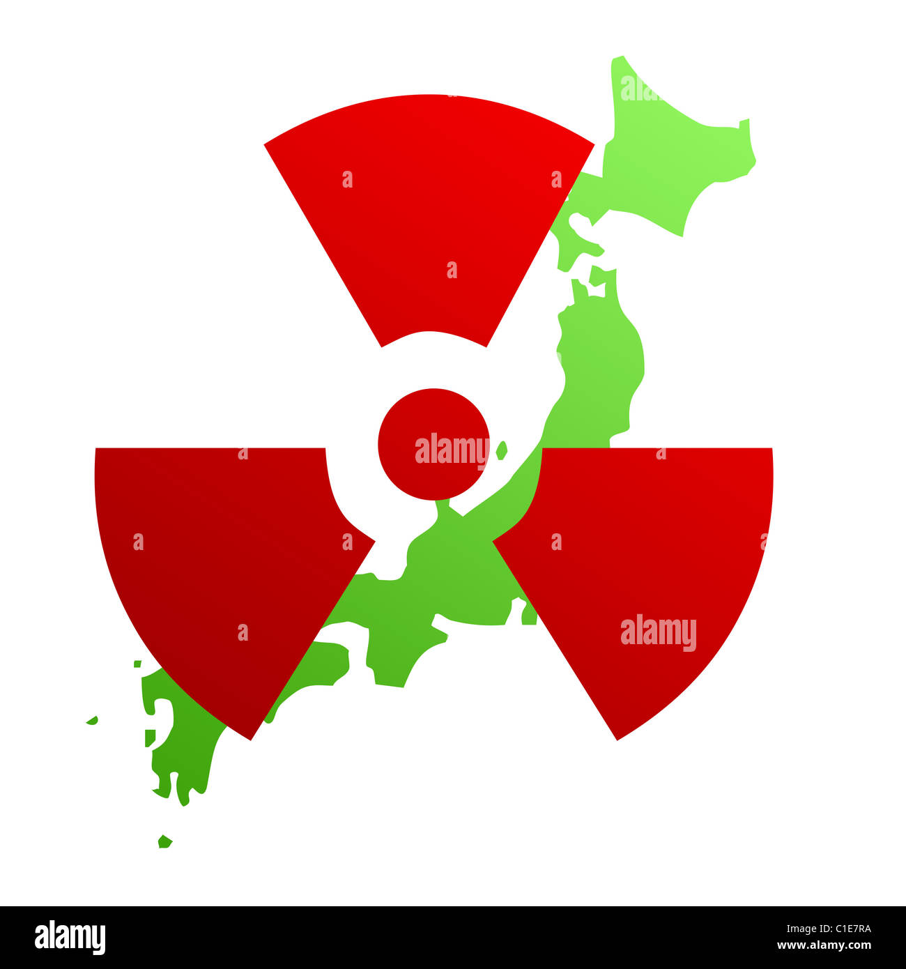 Illustration des radioaktives Zeichen auf Karte von Japan; isoliert auf weißem Hintergrund. Stockfoto