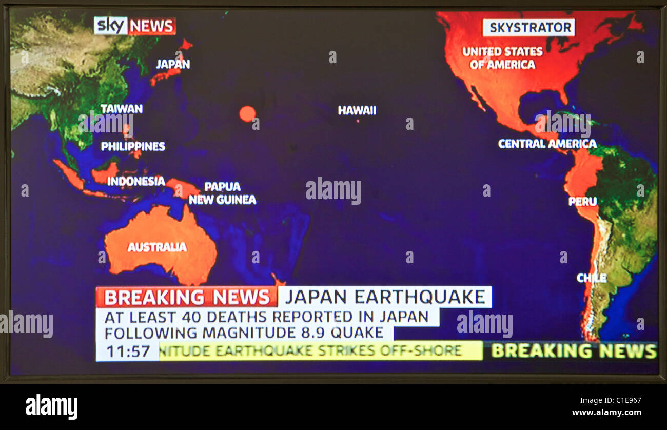 Japan Erdbeben und Tsunami. 11.03.11. Standbild aus dem Vereinigten Königreich Fernsehen als Nachrichten ergibt sich aus Japan. Stockfoto