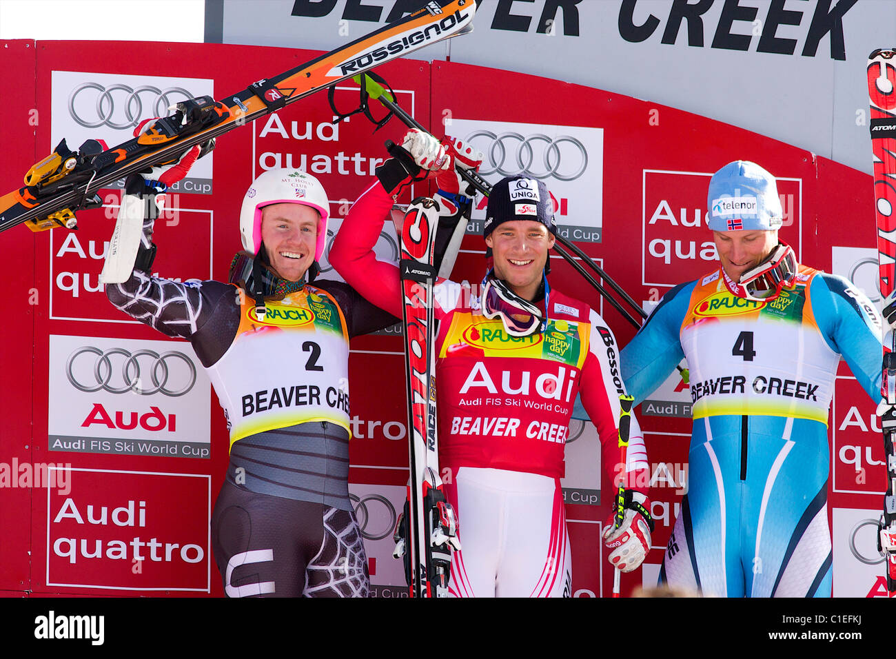 Gewinner der Riesenslalom in Beaver Creek, Colorado 1.Platz: Benjamin Raich 2.Platz: Ted Ligety 3.Platz: Aksel Lund Svindal Stockfoto