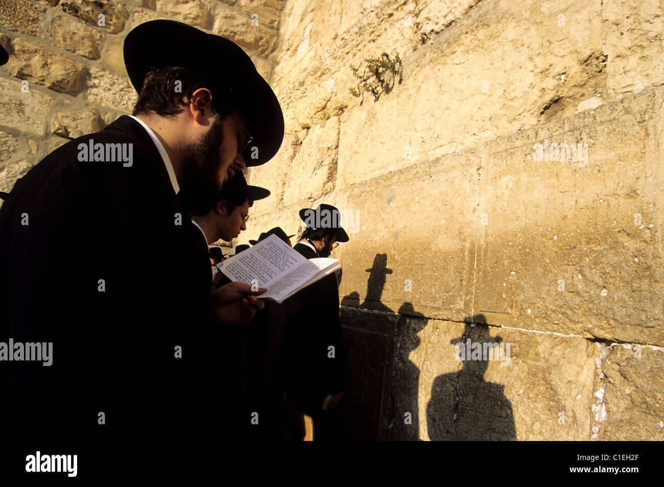 Israel, alte Jerusalem, heilige Stadt, die Klagemauer, ein Chassid Jude im Gebet Stockfoto