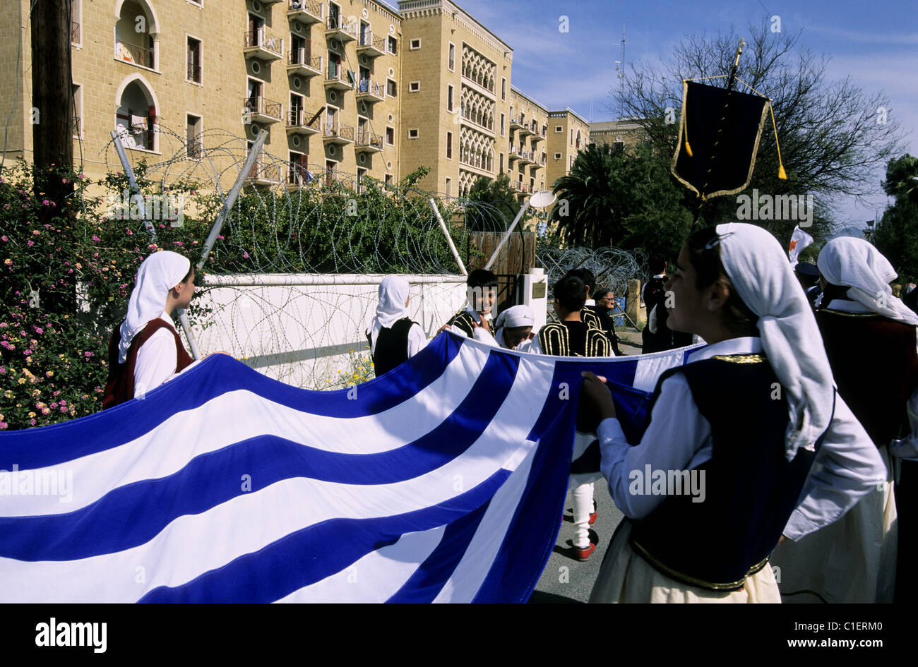 Zypern, Nikosia, Aufruhr gegen die besetzten Teil Zyperns am einzigen Kontrollpunkt der grünen Linie vor Ledra Palace Hotel (UN) Stockfoto