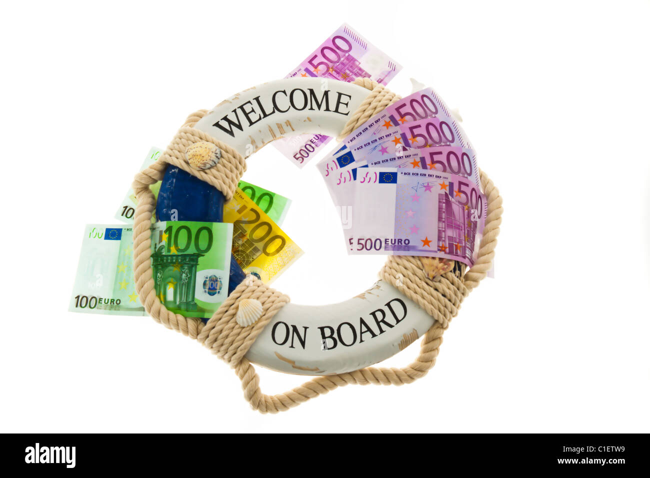 Rettungsring und Euro. Rettung von Griechenland. Symbol der Staatsverschuldung. Stockfoto